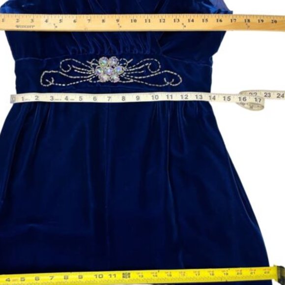 Vintage Formal Gown Blue Velvet Bead Rhinestones V Neck Empire Waist Size Small - Picture 7 of 10